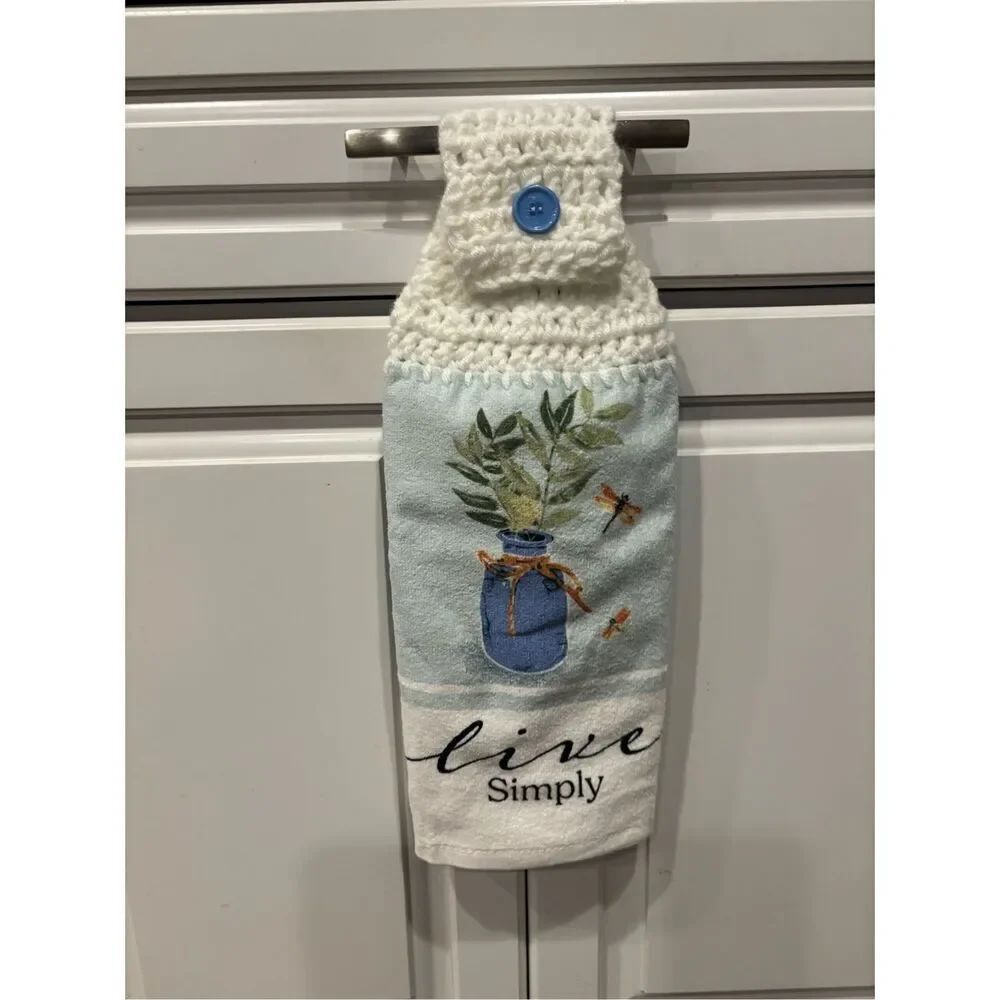 Crochet Top Kitchen Towel- Live simple (leaves and jar)